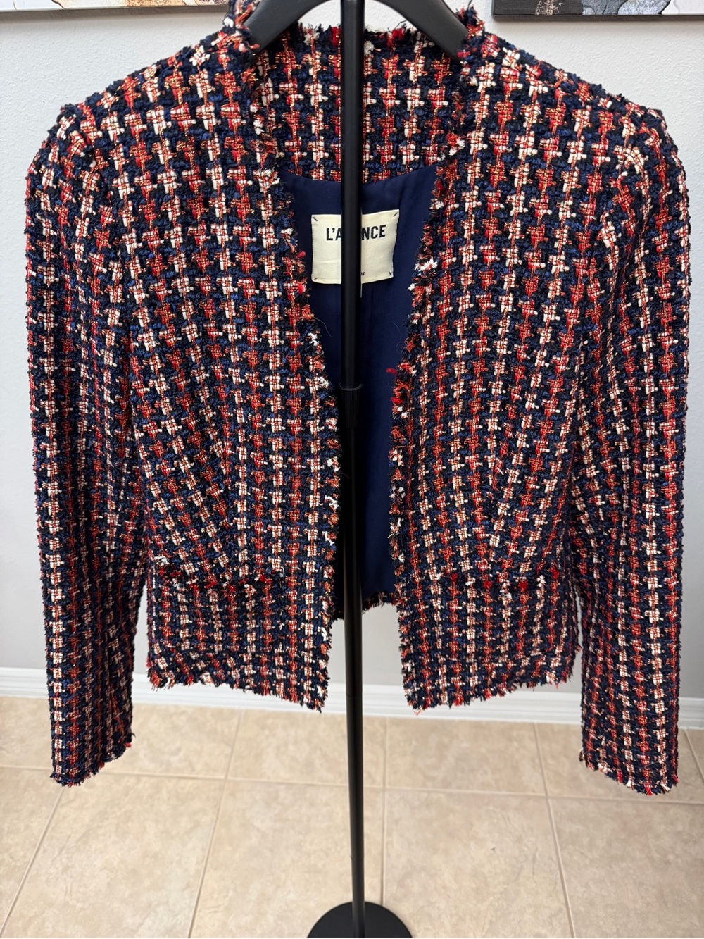 L'AGENCE Navy, Red & Cream Tweed Collarless Jacket